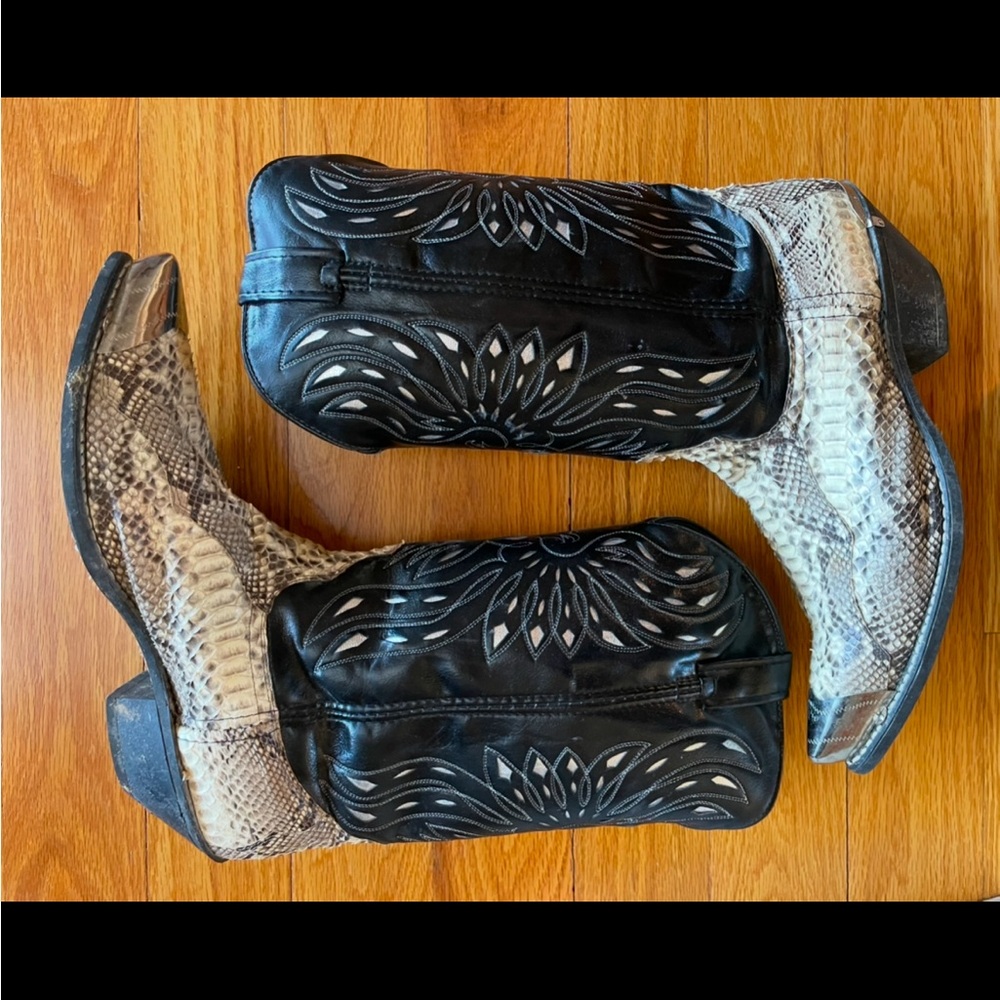 ACME men’s snakeskin python cowboy boots 11.5 D black white cream vintage retro